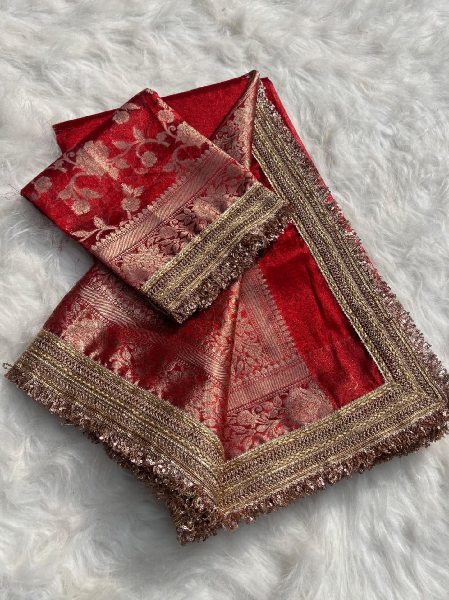RED TISSUE KATHBAN SAREE WITH LACE BORDER