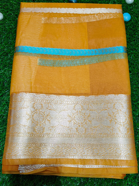 YELLOW SEMI KORA ORGANZA SAREE WITH ZARI STRIPES