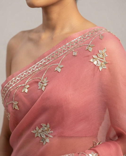 PEACH CHIFFON KACHA GOTA SAREE