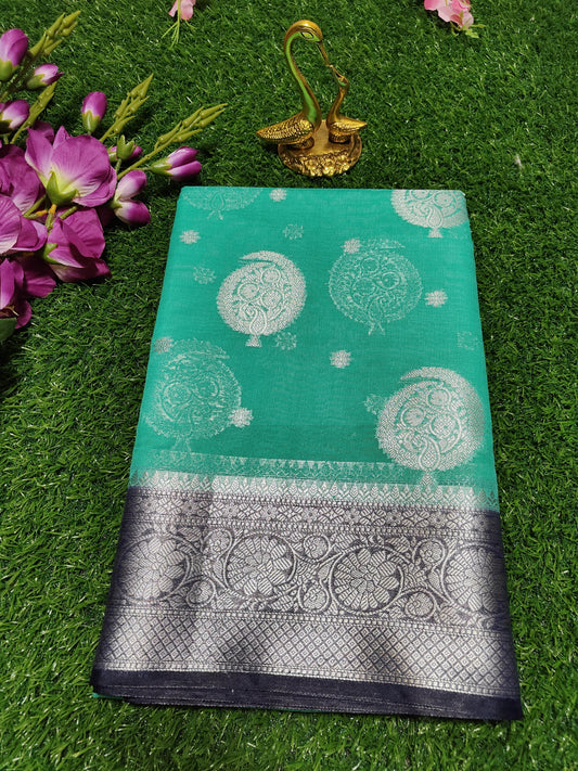 LIGHT GREEN SEMI GEORGETTE SAREE WITH SILVER BUTTA
