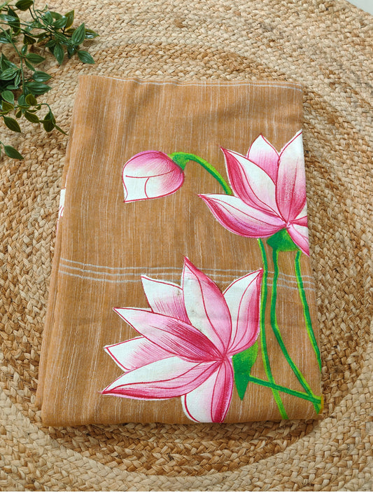 COFEE BROWN COTTON HANDPRINTED SAREE