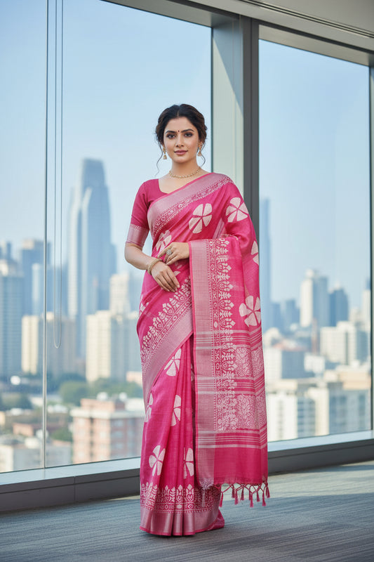 PINK LINEN COTTON SAREE WITH BATIK PRINT