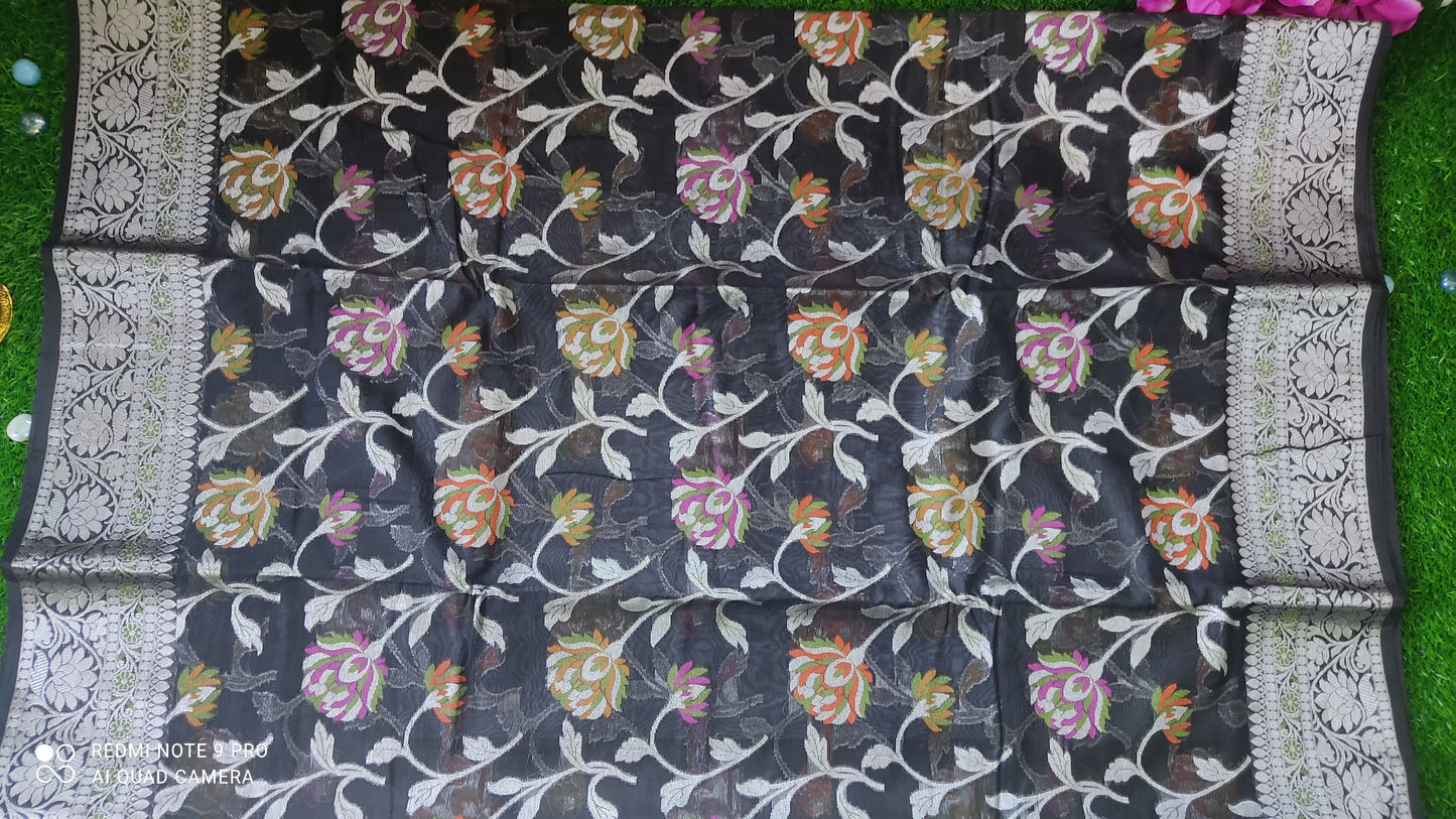 BLACK SEMI GEORGETTE SAREE WITH WATER ZARI ZAAL