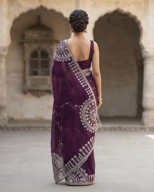PURPLE TISSUE PITA WORK SAREE