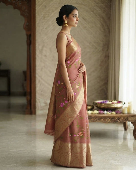 BROWN KOTA SAREE WITH FLORAL EMBROIDERY
