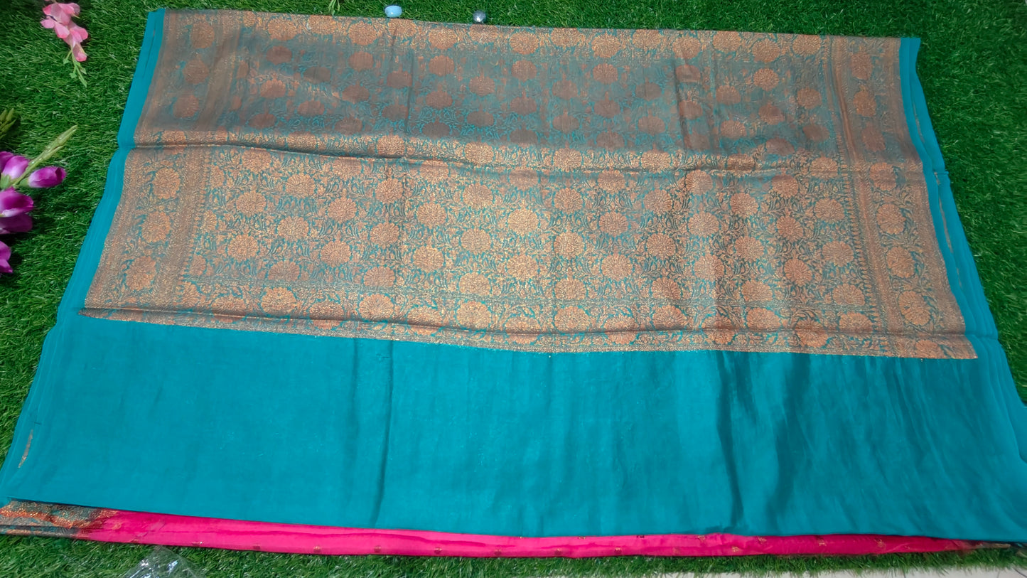 PINK SEMI GEORGETTE SAREE WITH COPPER ZARI