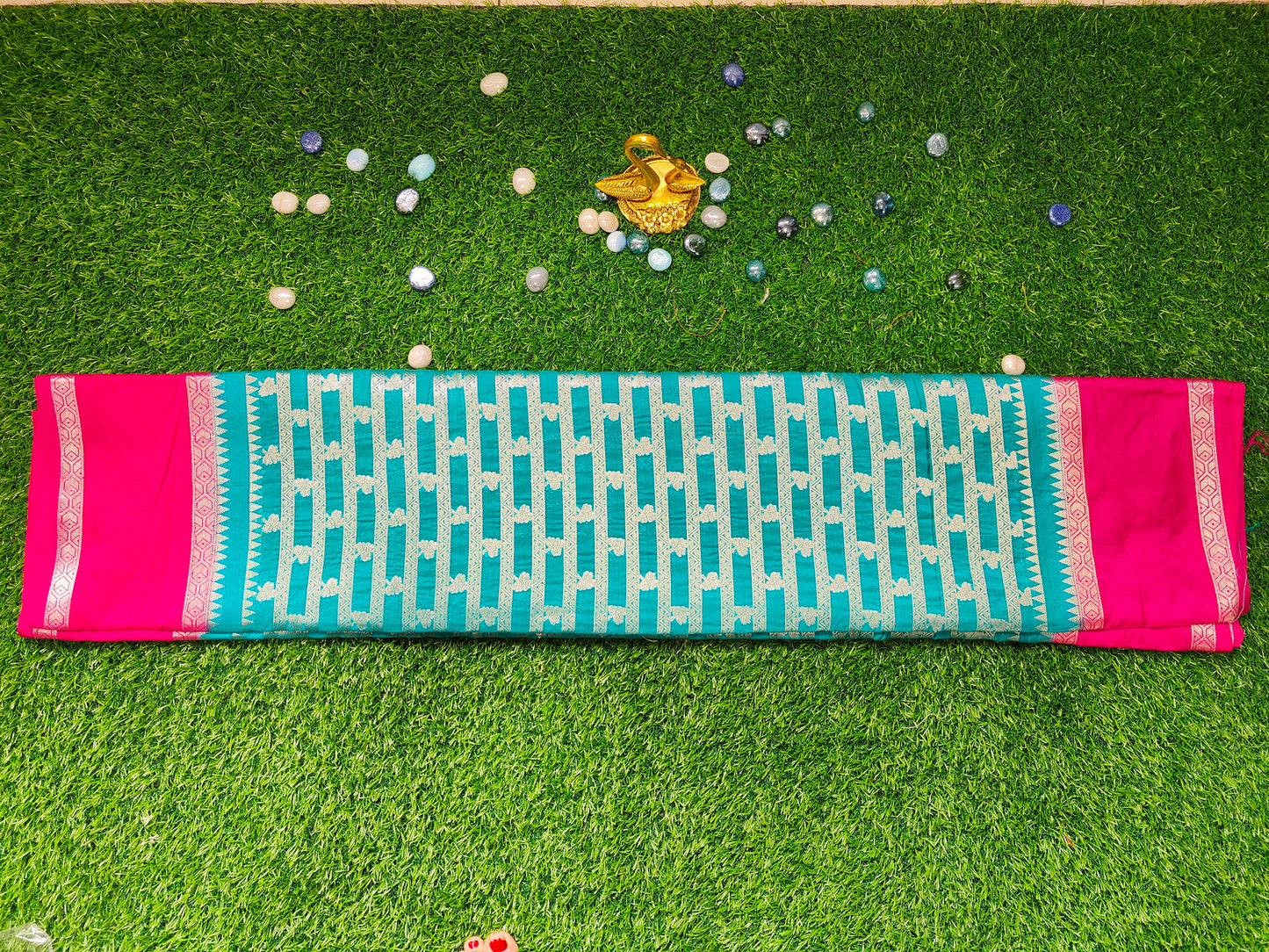 TURQUOISE BLUE GADHWAL BORDER GAJI SILK SAREE