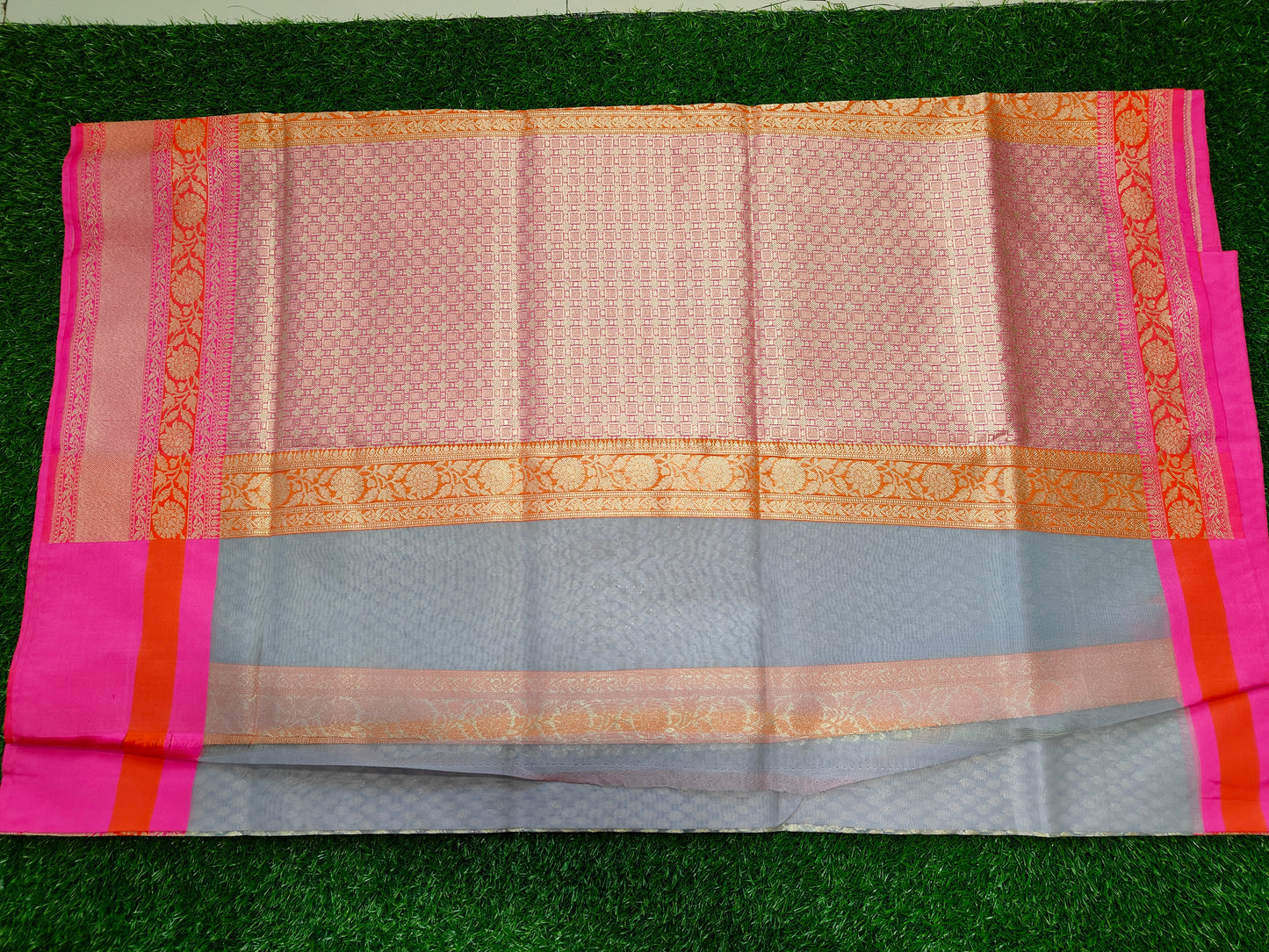 GREY ORGANZA SILK ORNAGE BORDER