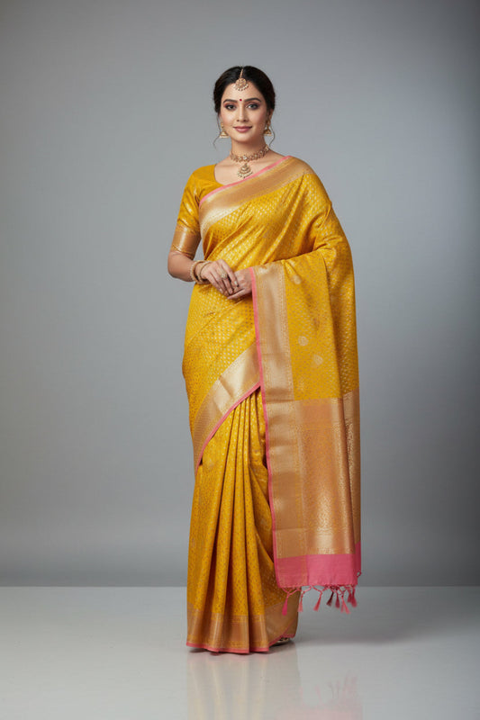 YELLOW SEMI KATAN SILK SAREE TILFI WORK