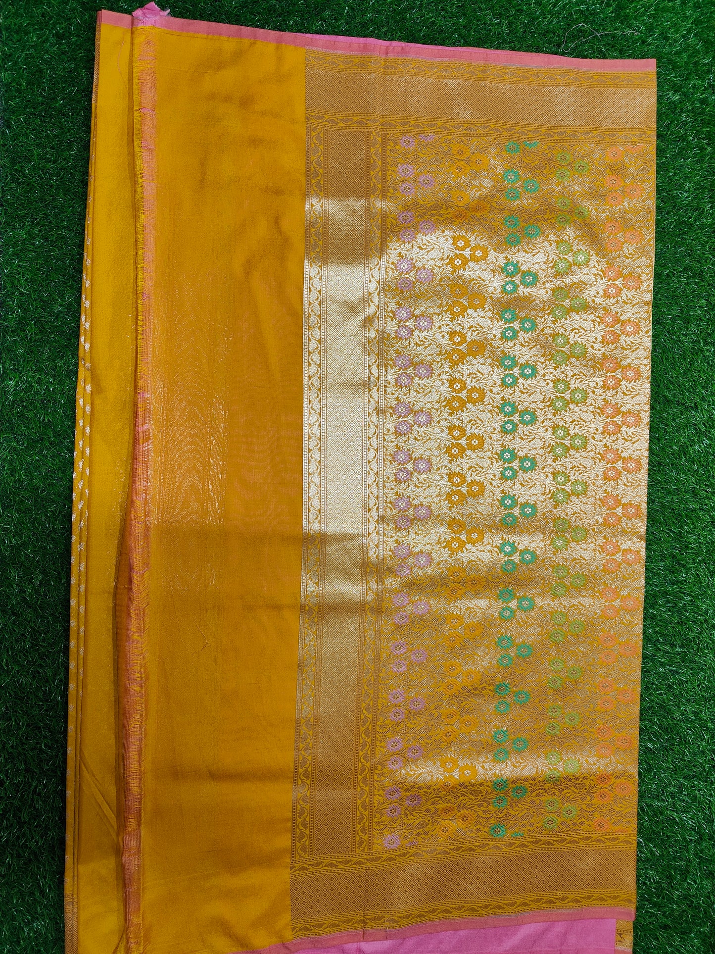 YELLOW SEMI KATAN SILK SAREE TILFI WORK