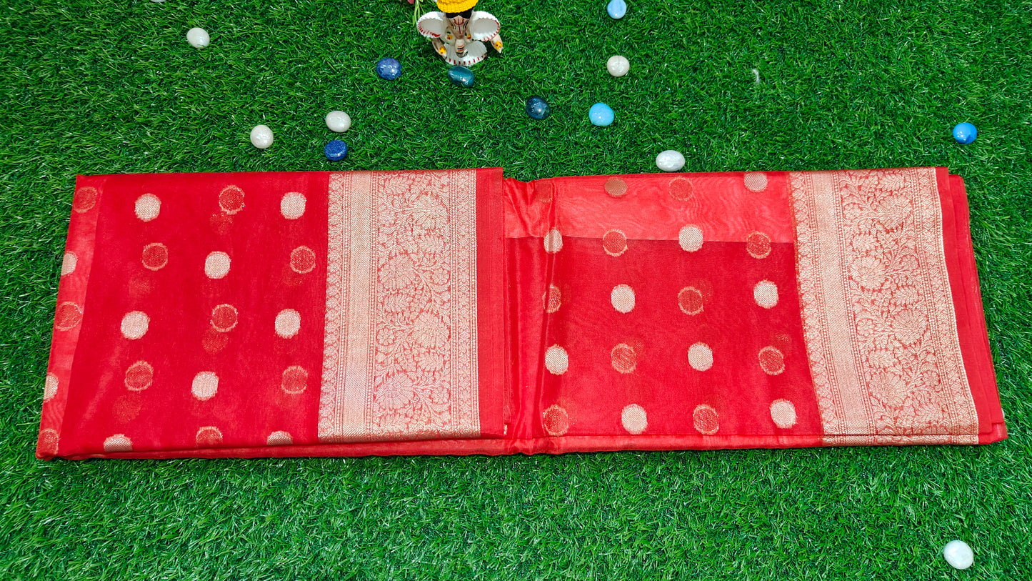 RED SEMI KORA ORGANZA SILVER ZARI BUTTA SAREE