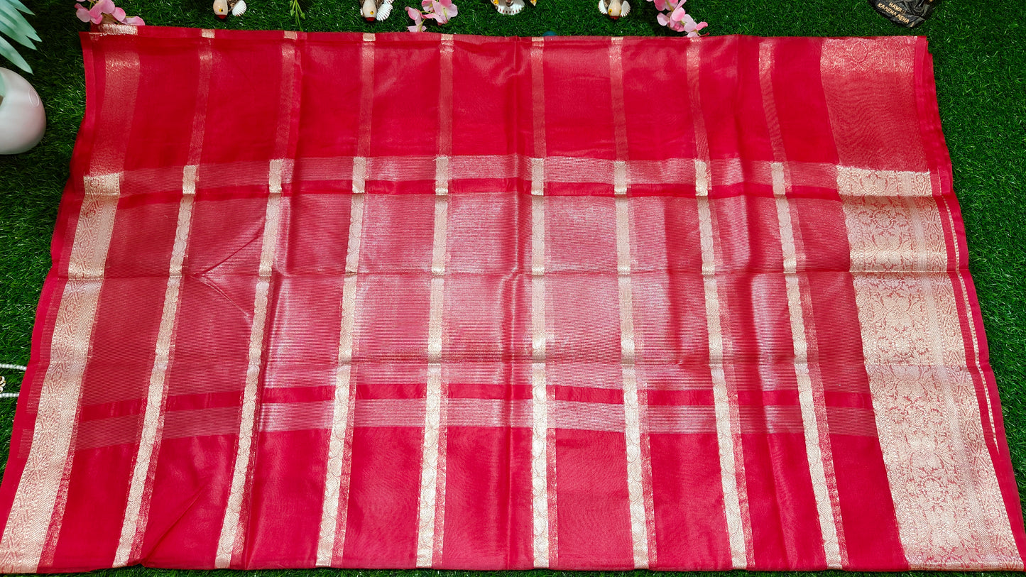 RED SEMI KORA ORGANZA SAREE WITH ZARI STRIPES