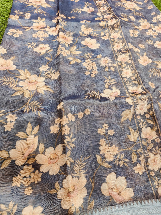 GREY BLUE CRUSHED TISSUE DIGITAL PRINT SAREE