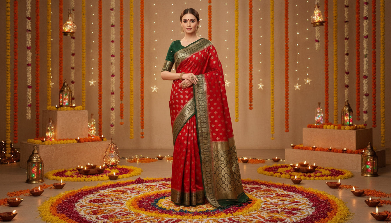 Woman in a red saree standing in a decorated room with lights and candles.