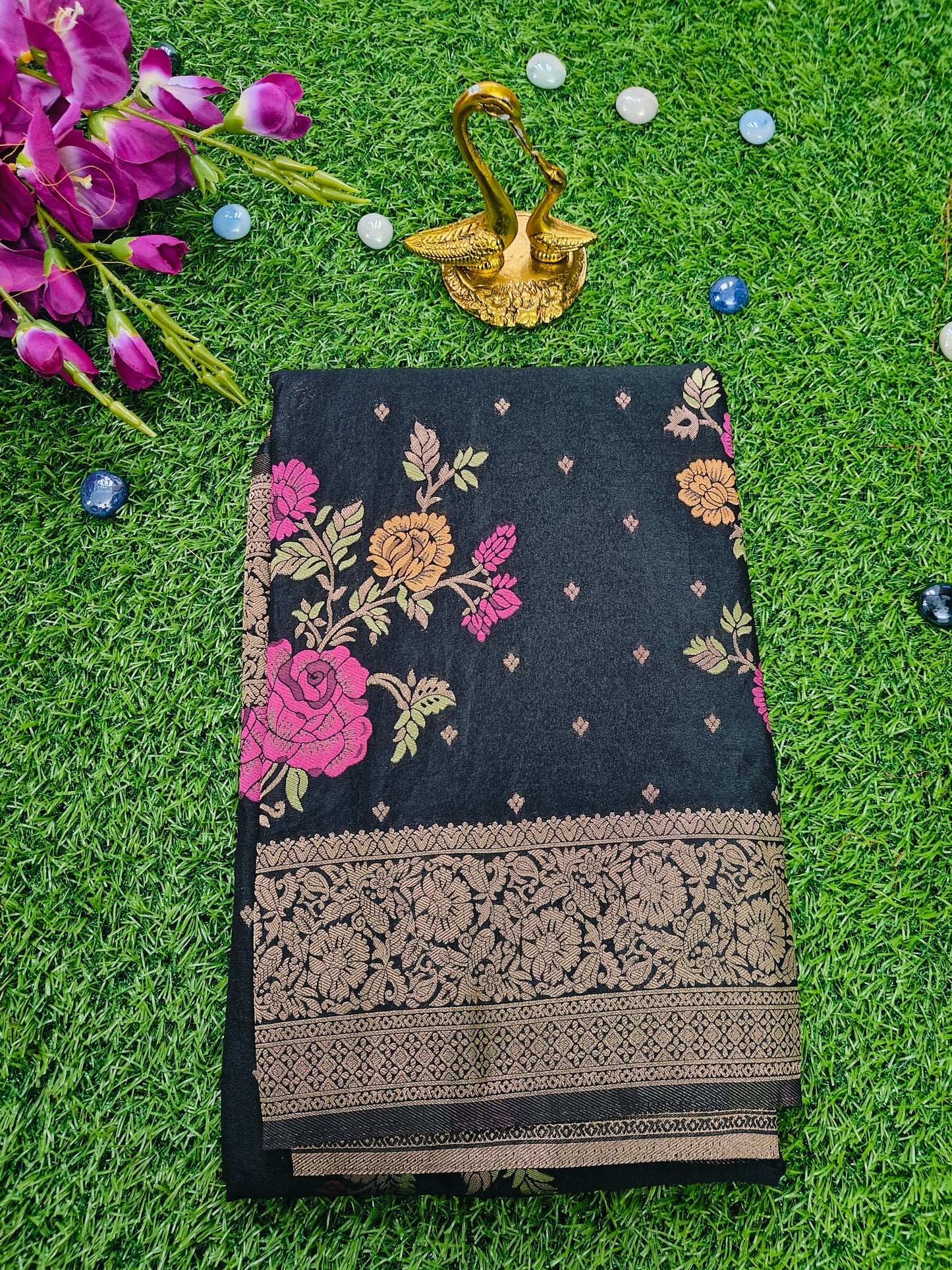 BLACK CHINON SILK SAREE WITH ZARI FLOWER BUTTA