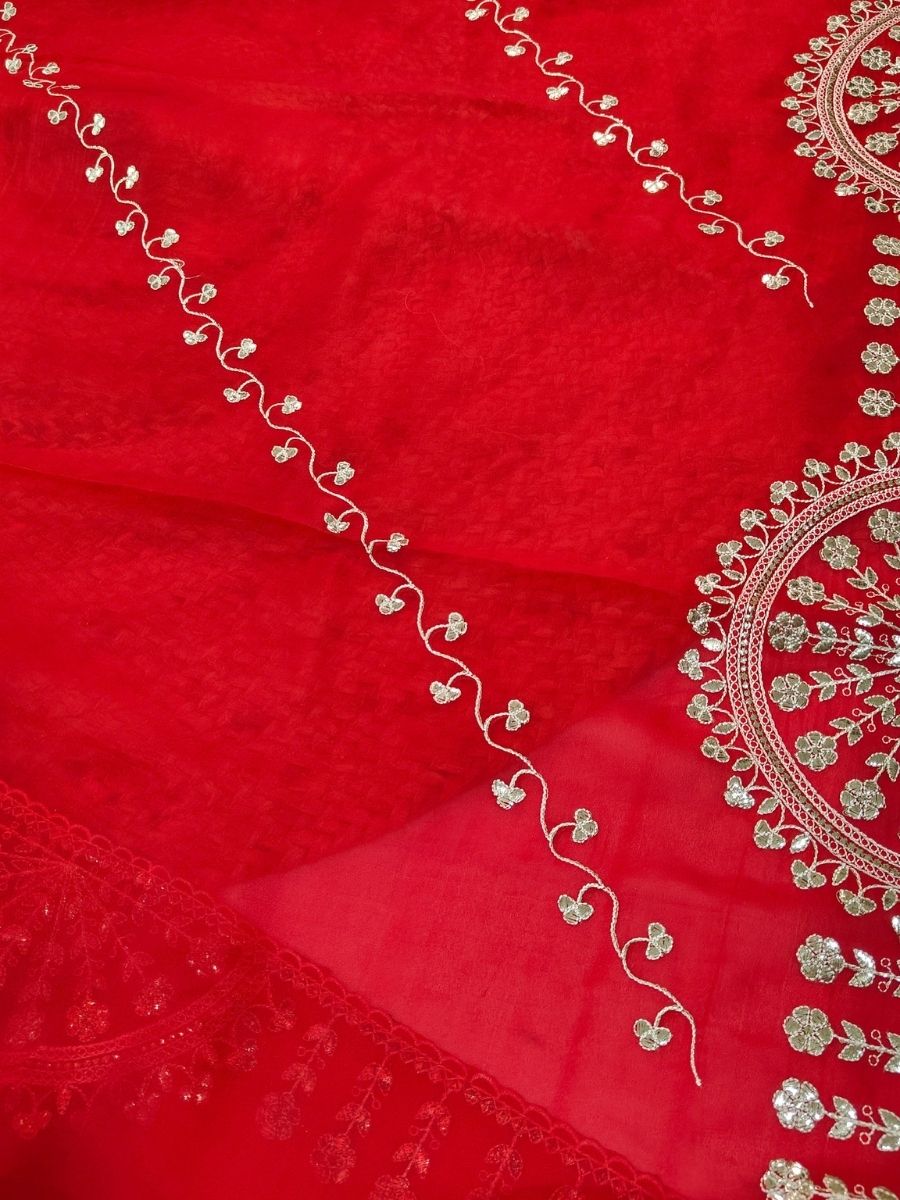 RED TISSUE PITA WORK SAREE
