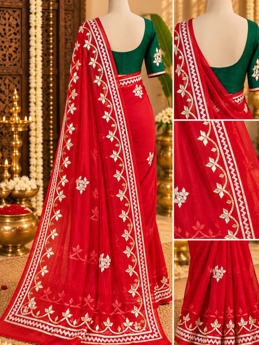 RED CHIFFON KACHA GOTA SAREE