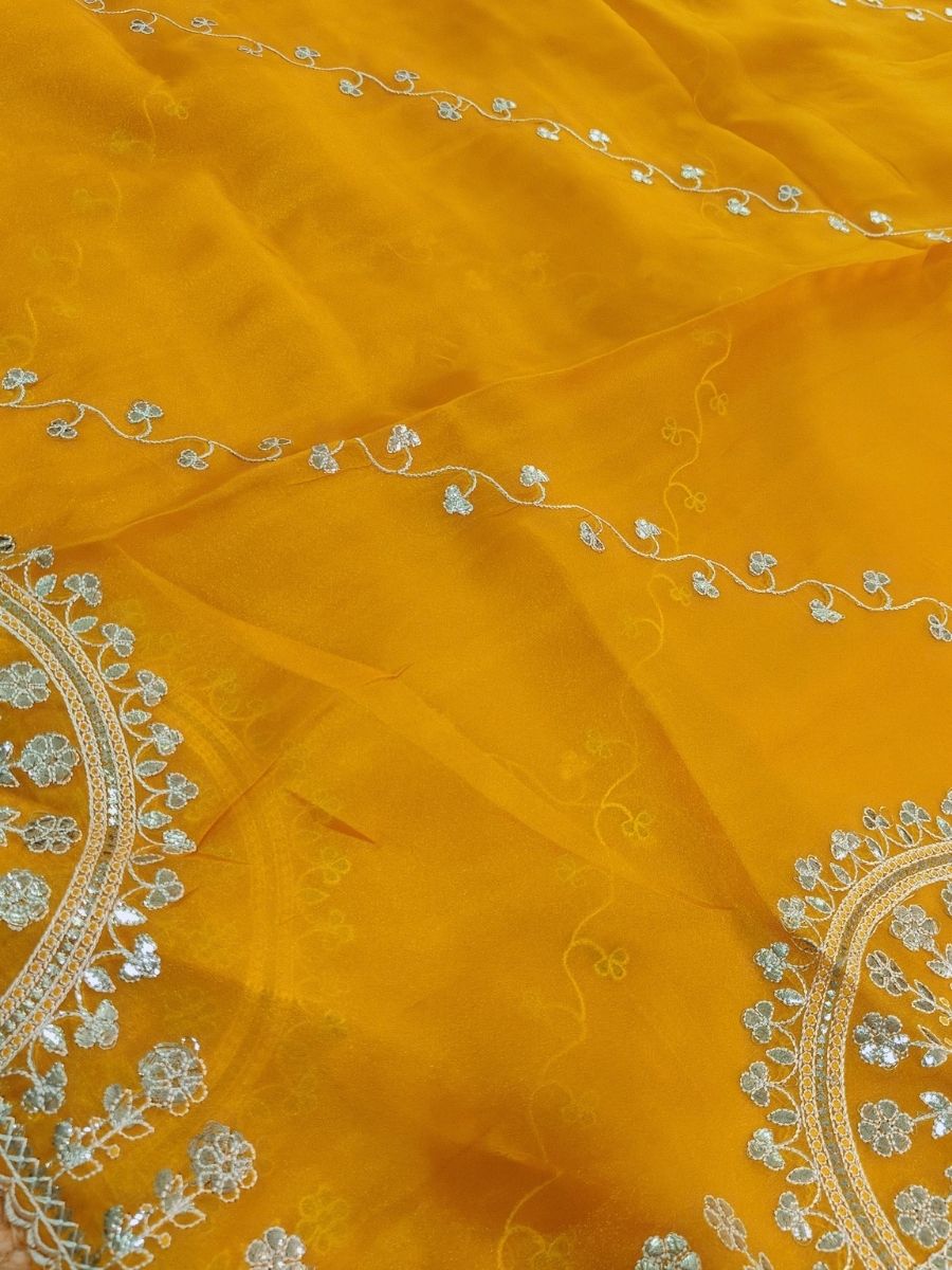 YELLOW TISSUE PITA WORK SAREE