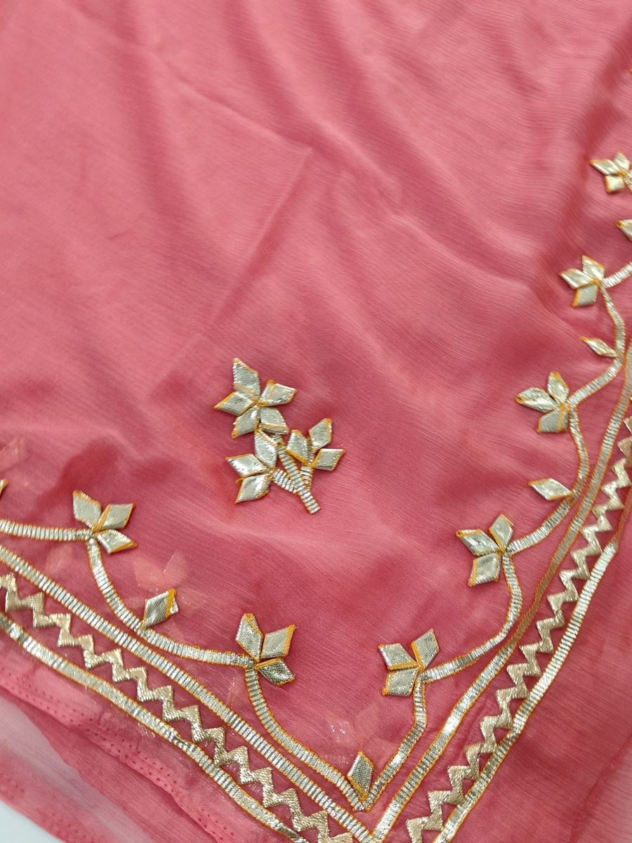 PEACH CHIFFON KACHA GOTA SAREE