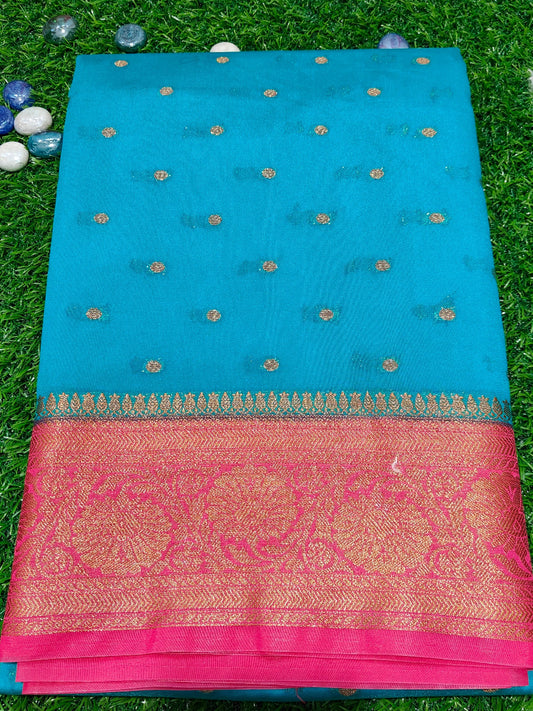 SKY BLUE SEMI GEORGETTE SAREE WITH COPPER ZARI