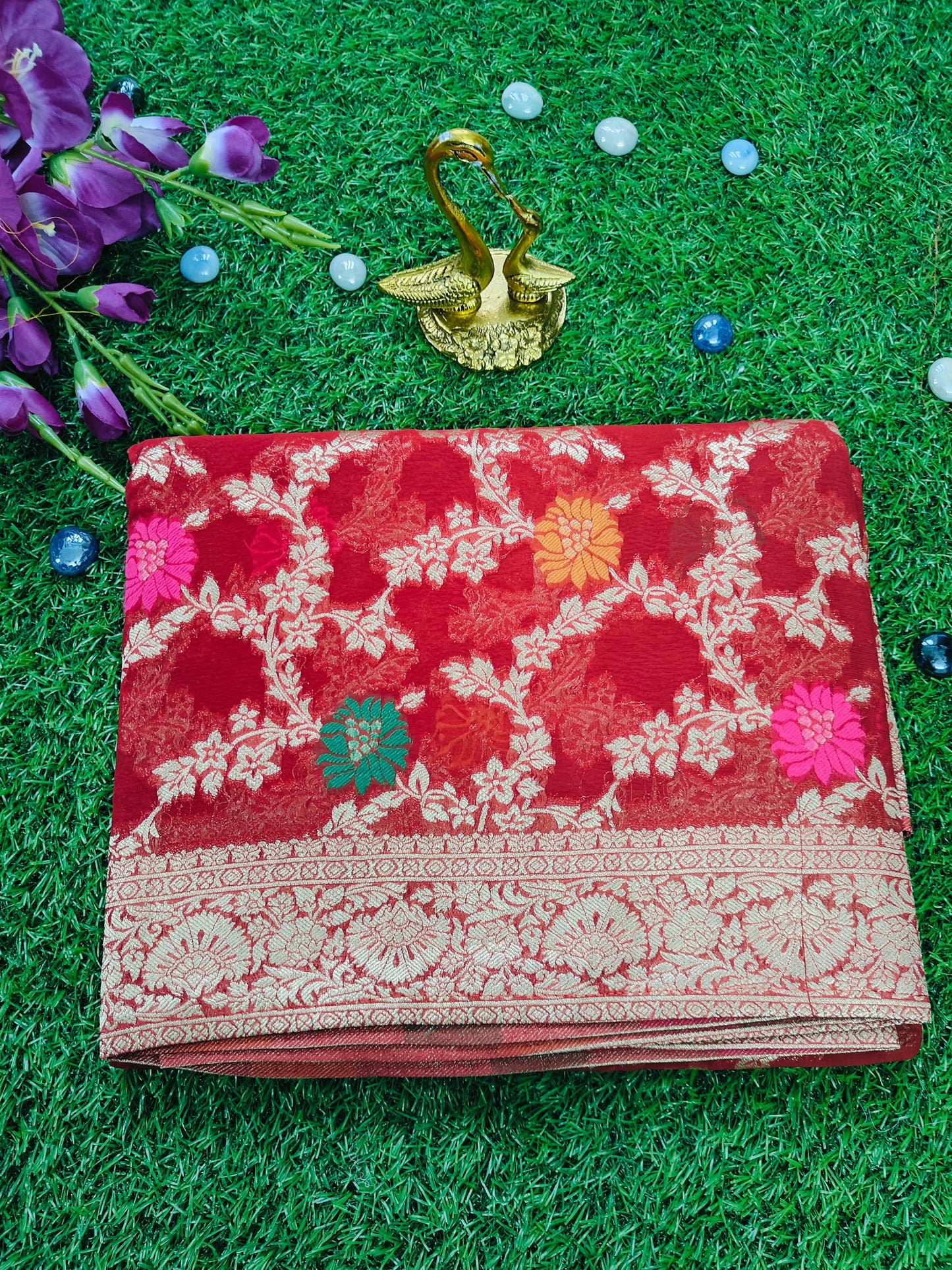 RED KHADDI GEORGETTE WITH MEENA ZARI JAAL