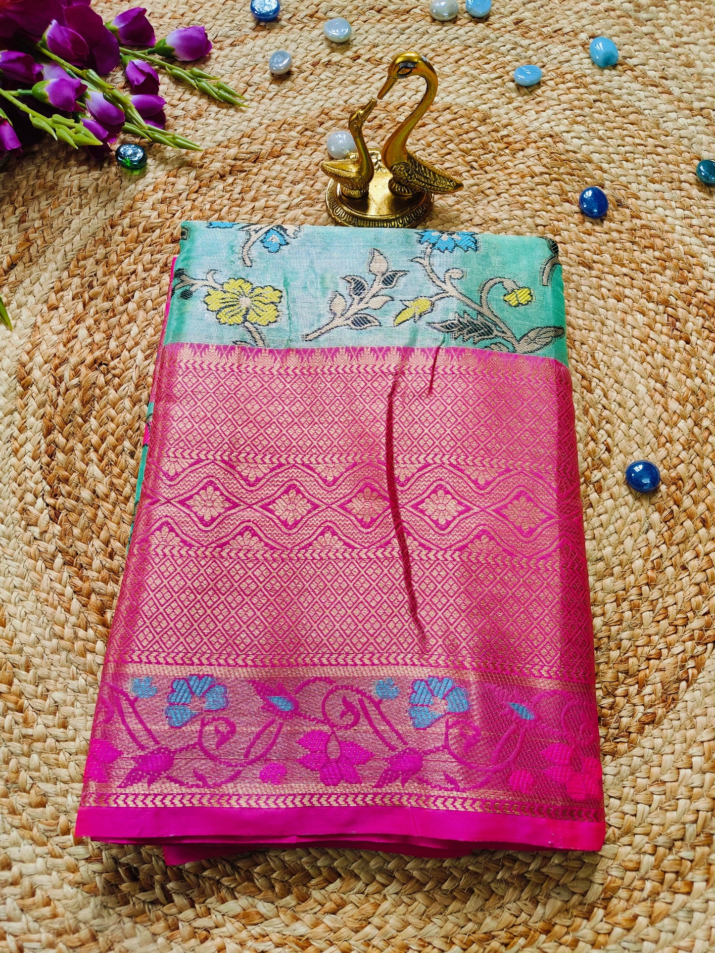 GREEN SOFT TISSUE SILK SAREE WITH MEENA