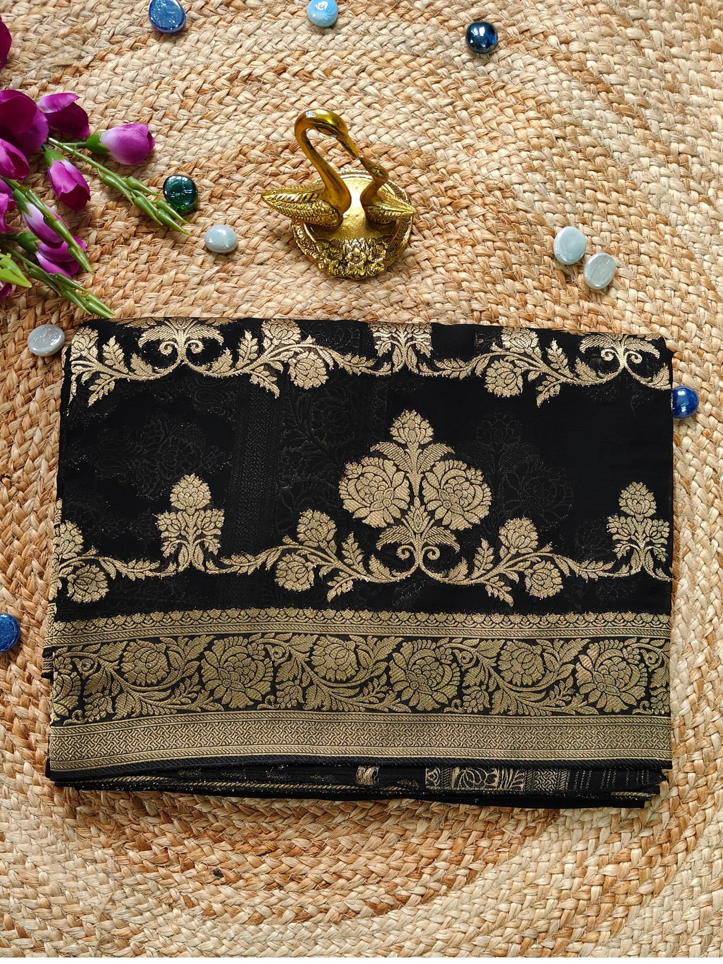 BLACK KHADDI GEORGEETE SARI WITH GOLD ZARI