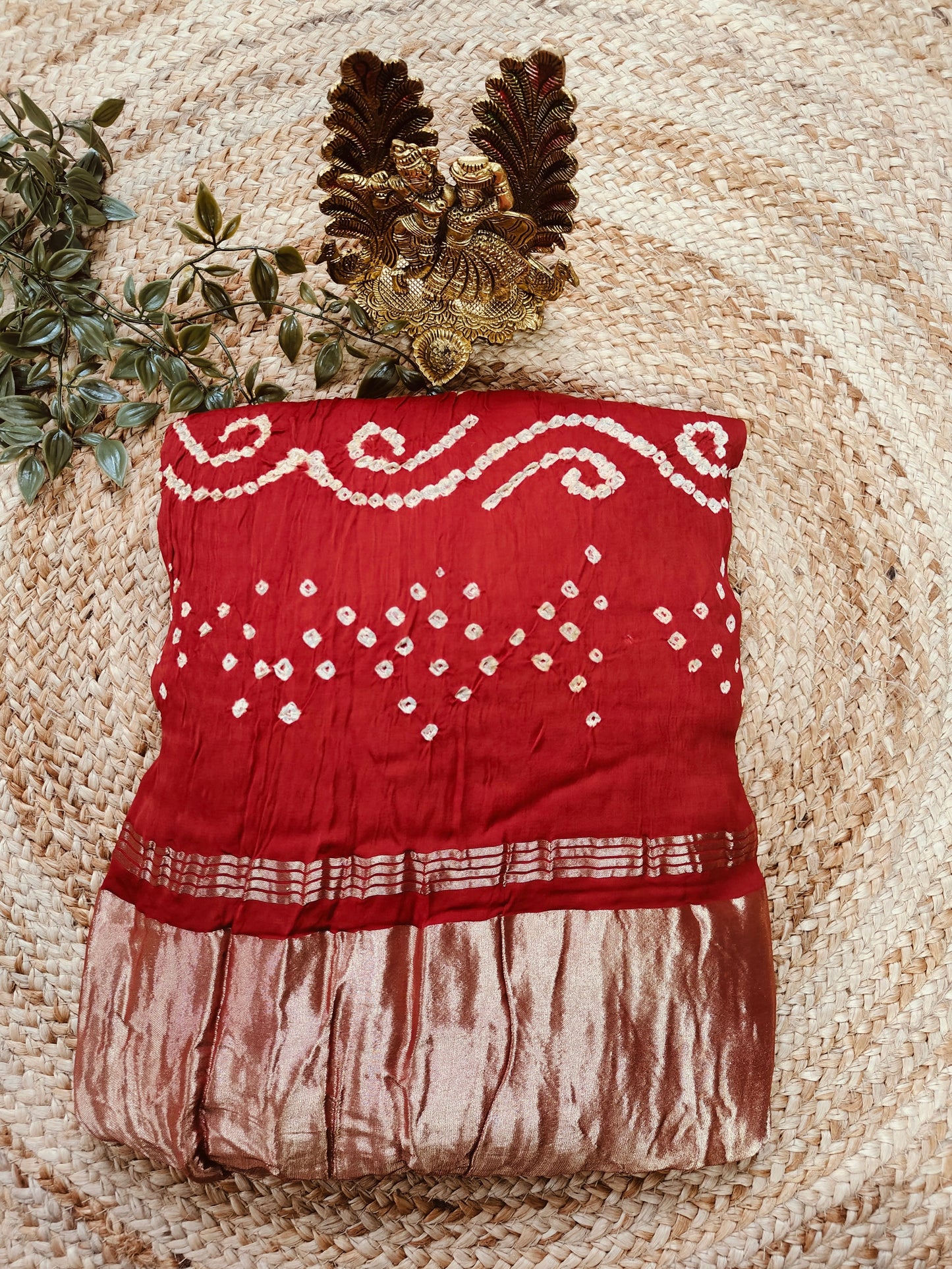 RED GAJJI SILK WITH HANDMADE BANDHNI PRINT