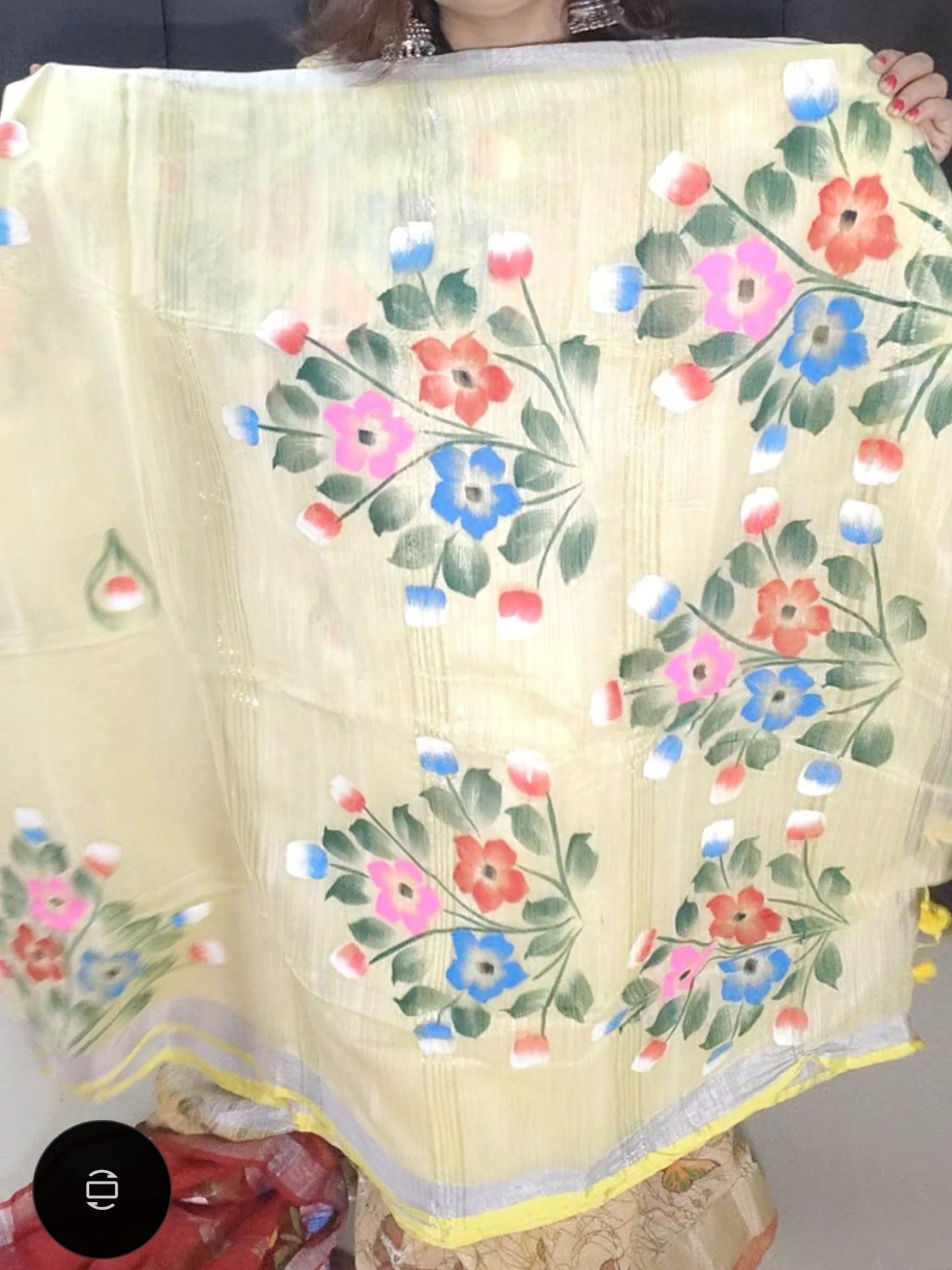YELLOW COTTON SILK HANDPRINTED SAREE