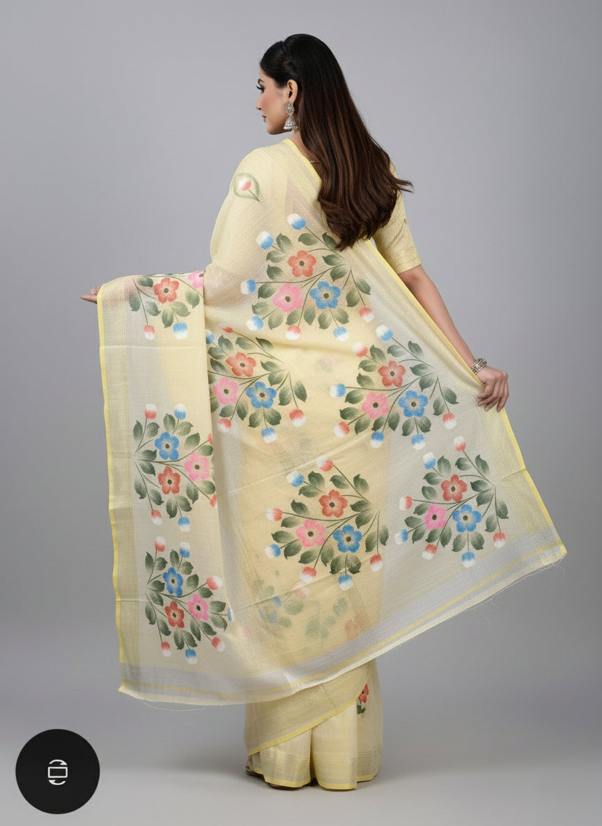 YELLOW COTTON SILK HANDPRINTED SAREE