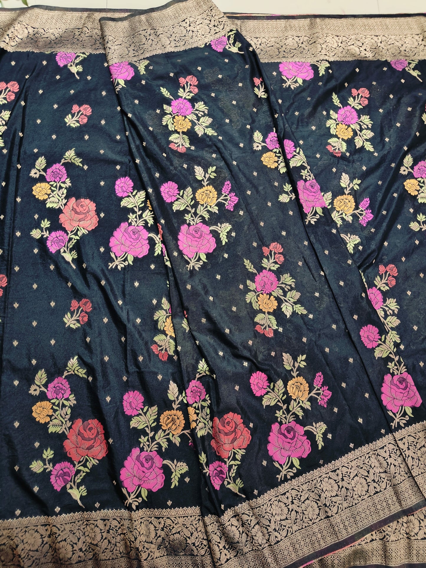BLACK CHINON SILK SAREE WITH ZARI FLOWER BUTTA
