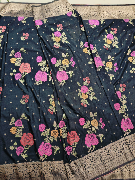 BLACK CHINON SILK SAREE WITH ZARI FLOWER BUTTA