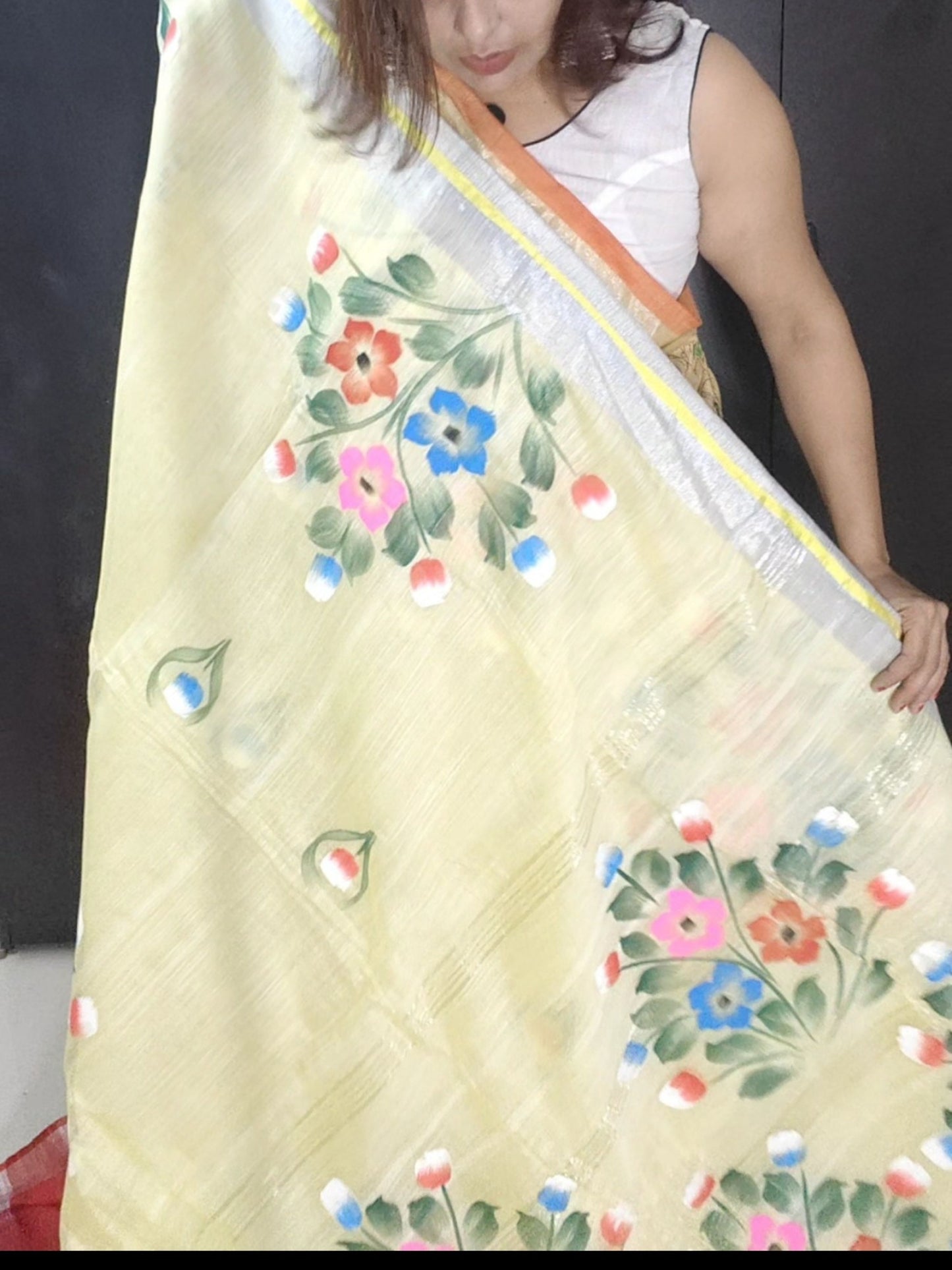 YELLOW COTTON SILK HANDPRINTED SAREE