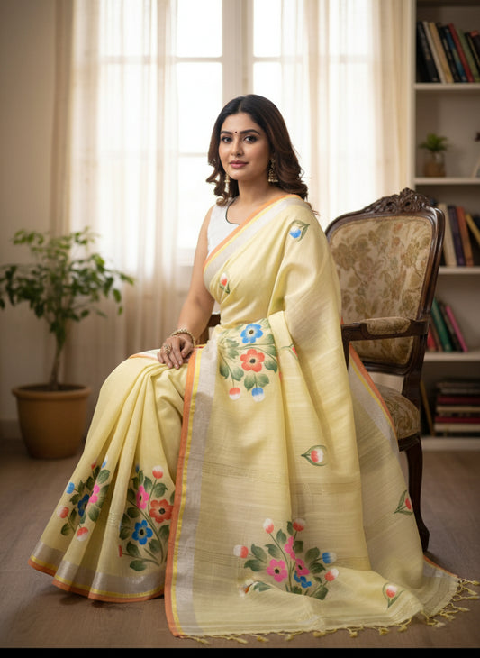 YELLOW COTTON SILK HANDPRINTED SAREE