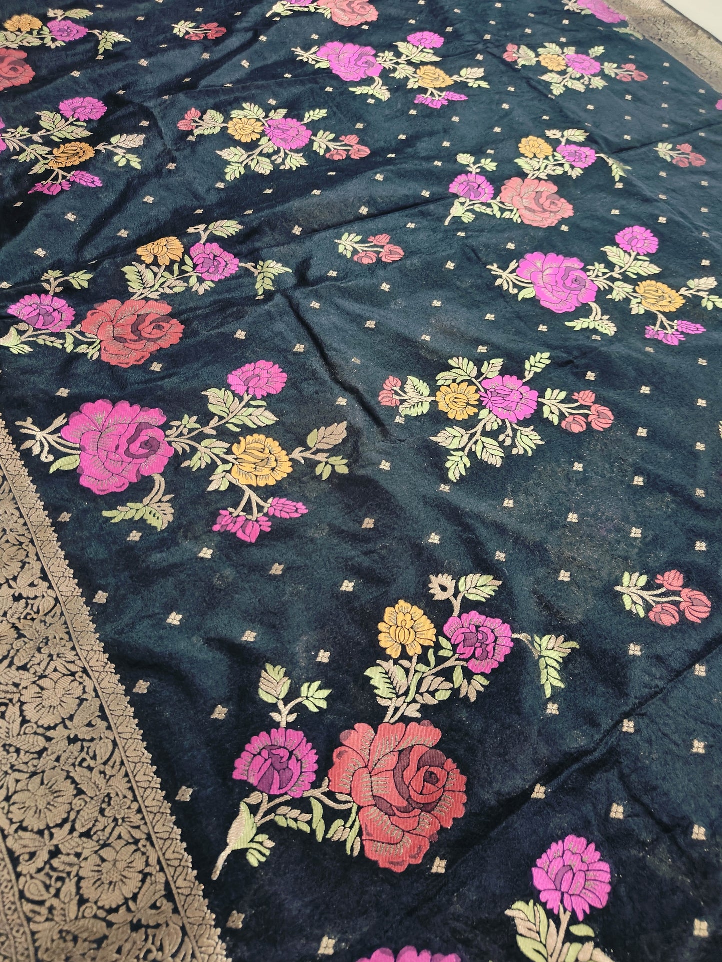 BLACK CHINON SILK SAREE WITH ZARI FLOWER BUTTA