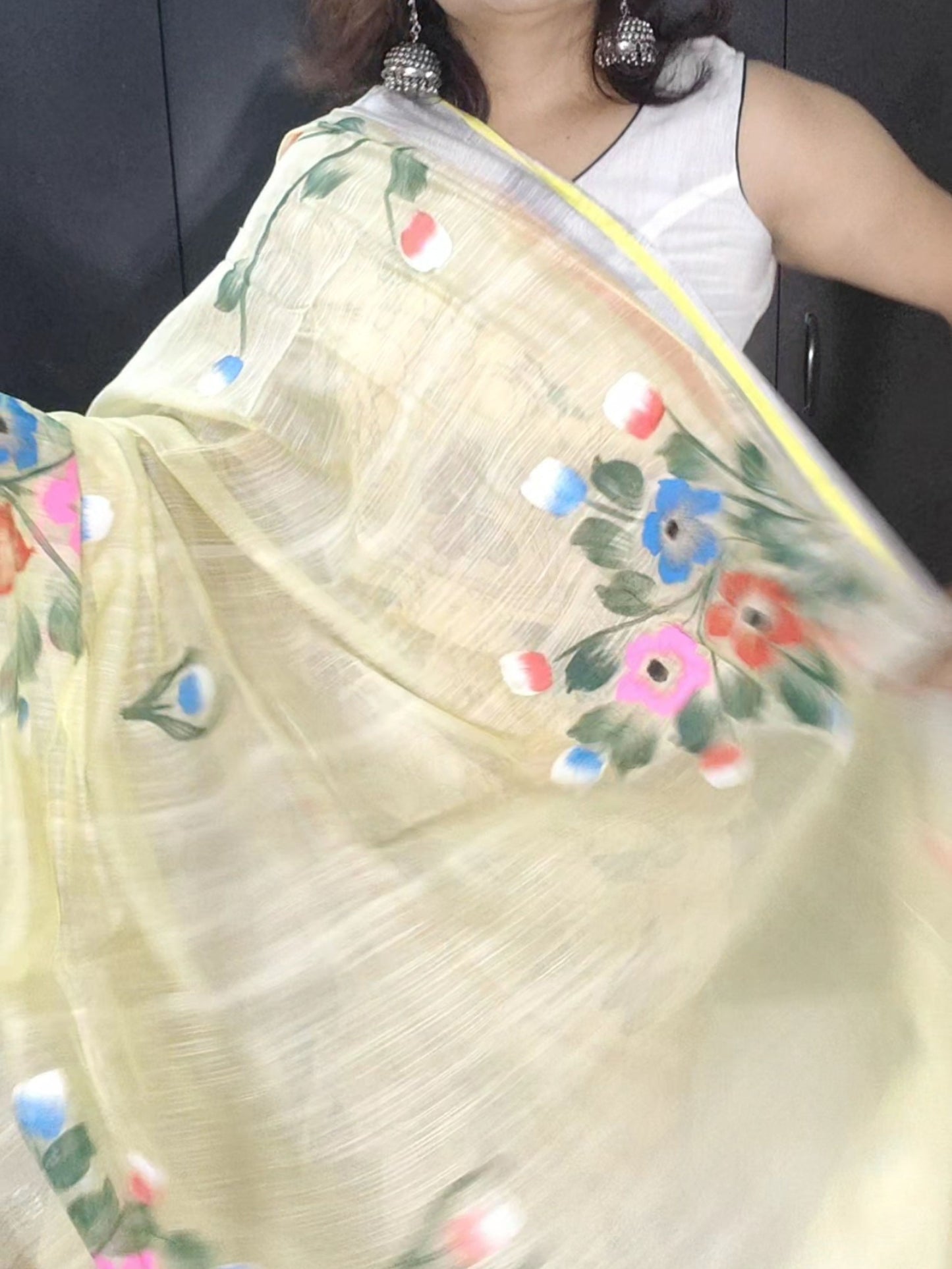 YELLOW COTTON SILK HANDPRINTED SAREE