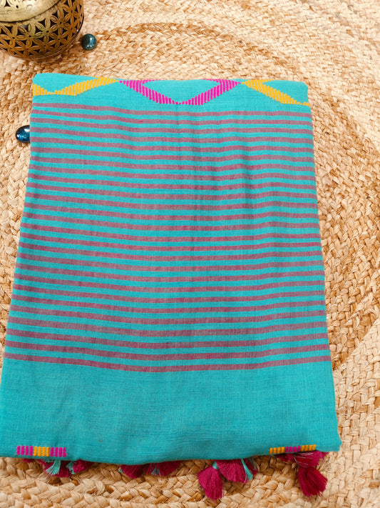 LIGHT GREEN COTTON SAREE WITH KHICCHA WORK