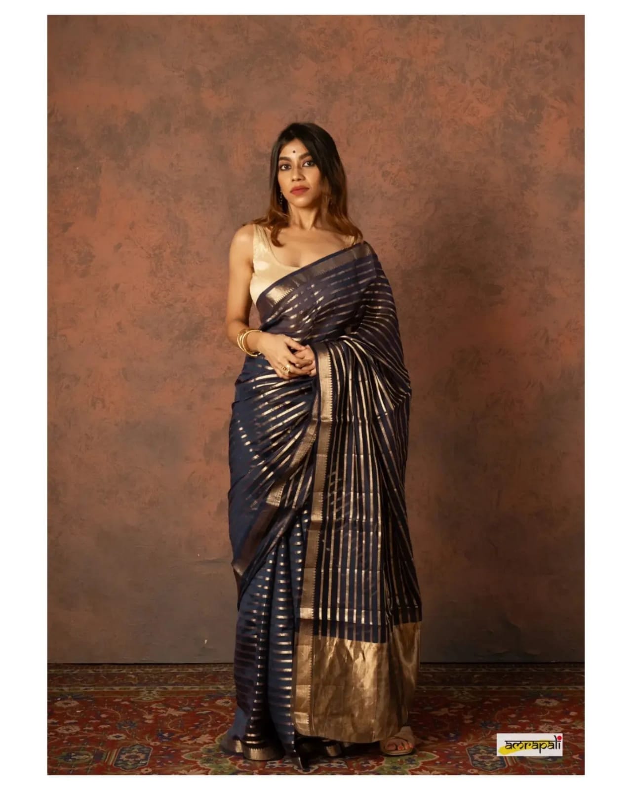 BLACK TISSUE SILK SAREE WITH ZARI STRIPS