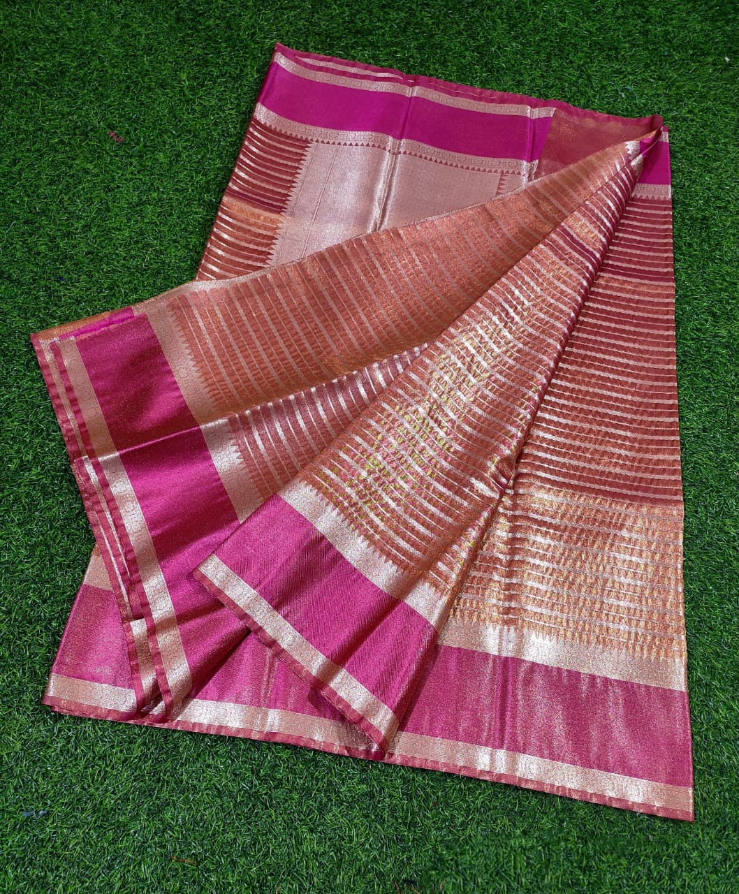 RED SEMI TISSUE SILK WITH ZARI STRIP GARHWAL BORDER