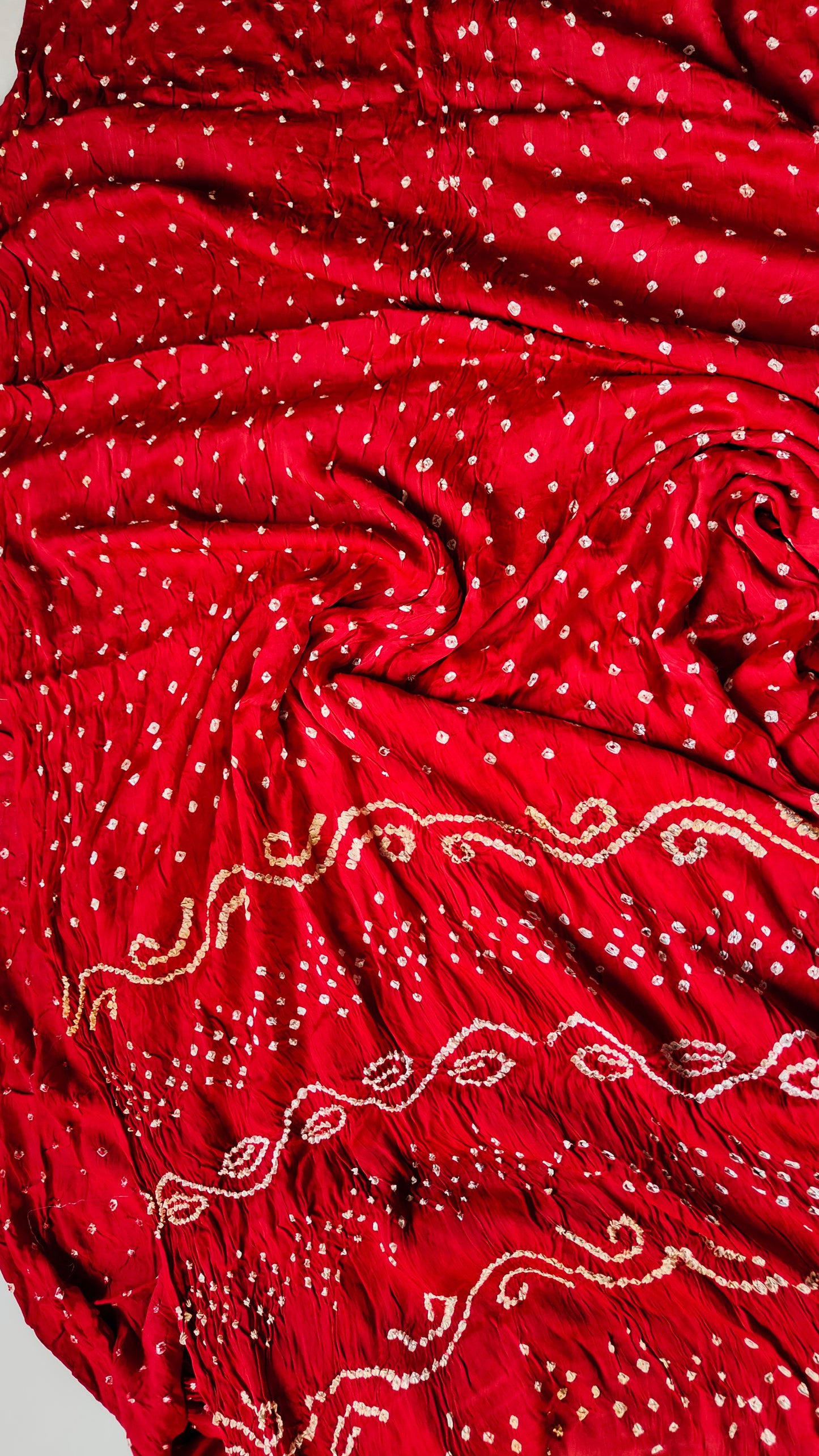 RED GAJJI SILK WITH HANDMADE BANDHNI PRINT