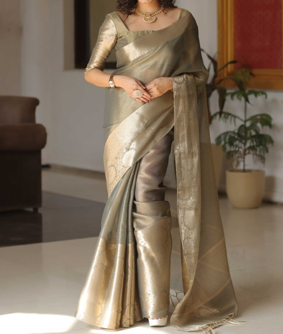 GREY TISSUE CHECK SAREE