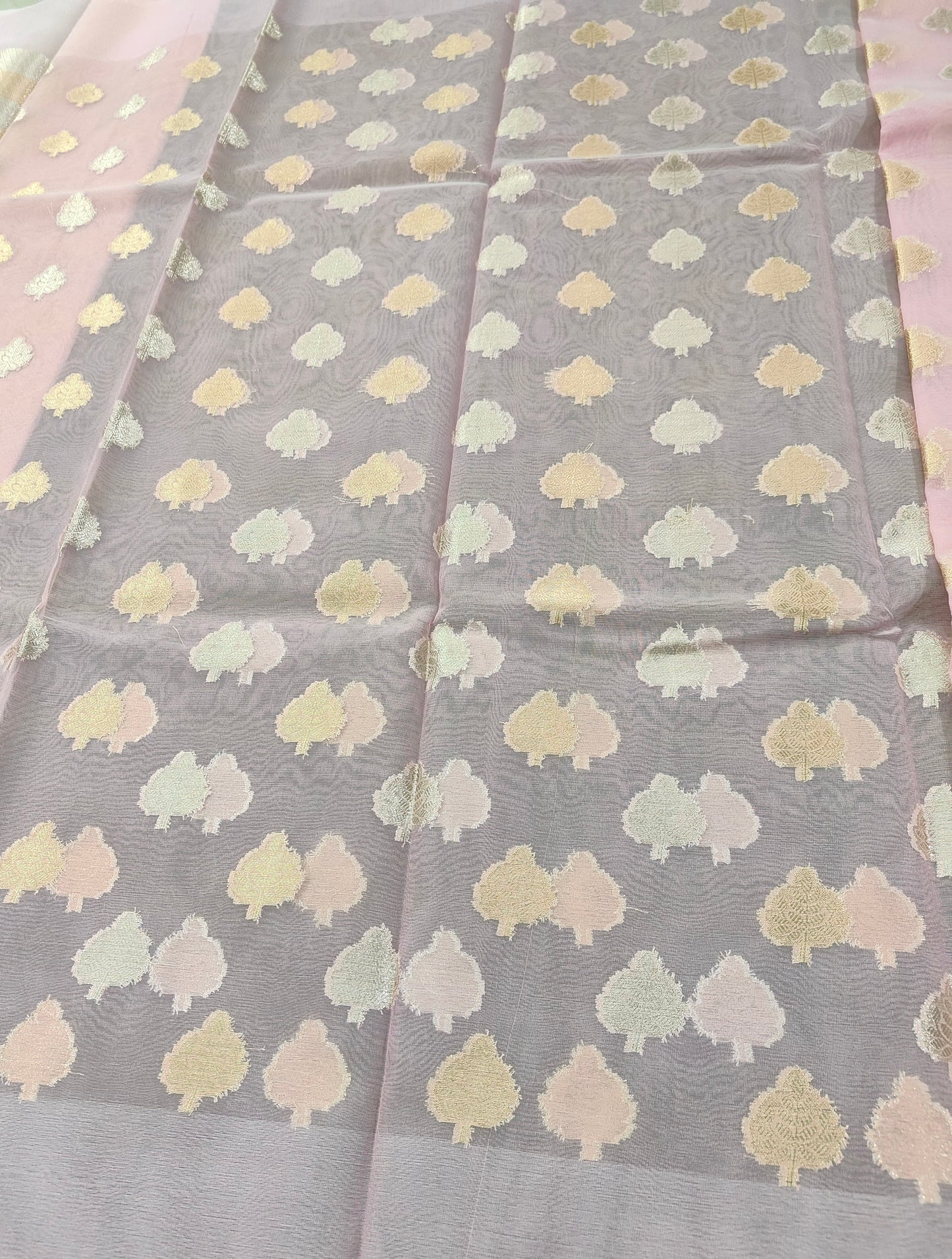 PEACH ORGANZA SILK SAREE WITH ZARI BUTTA