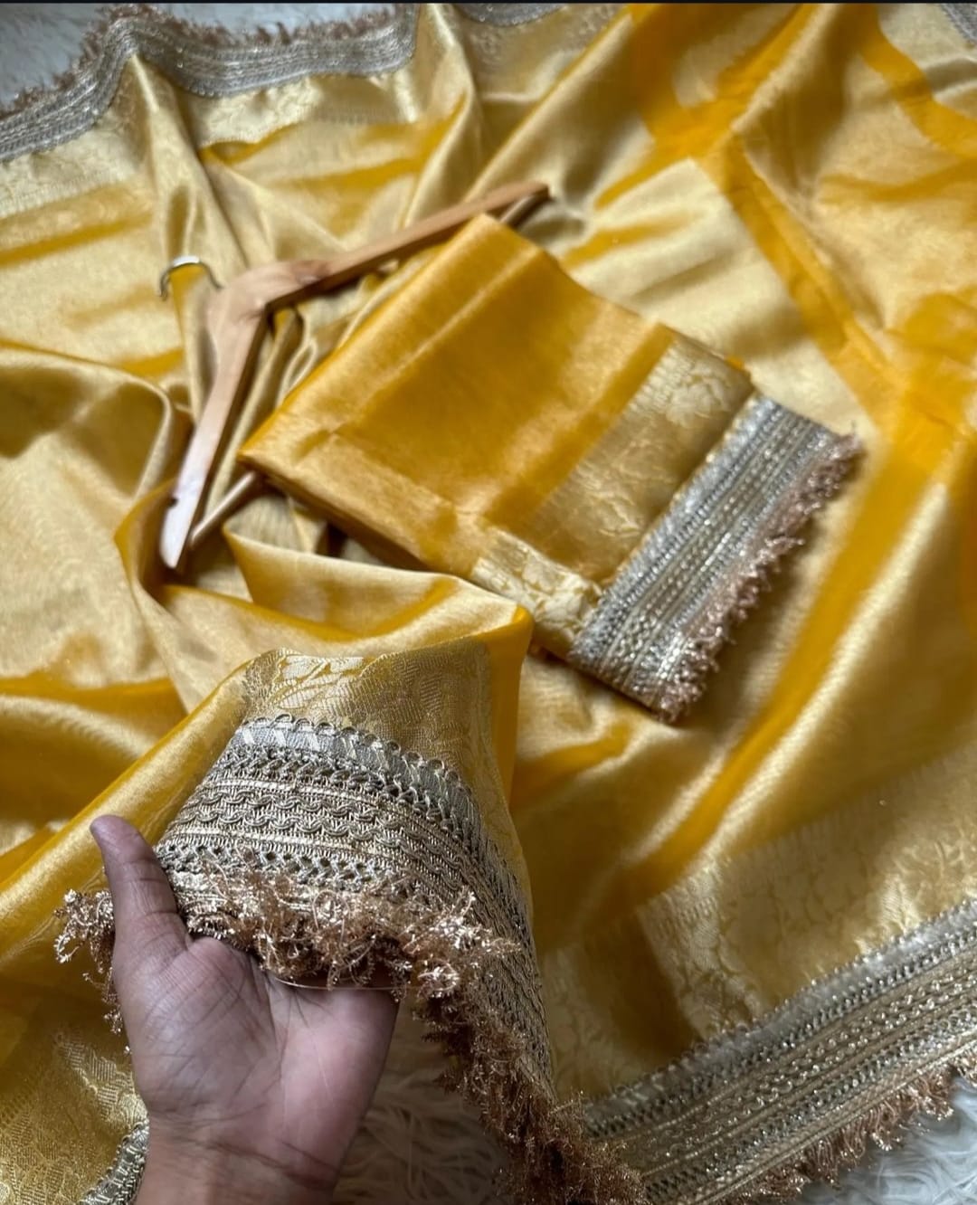 YELLOW TISSUE KATHBAN SAREE WITH LACE BORDER