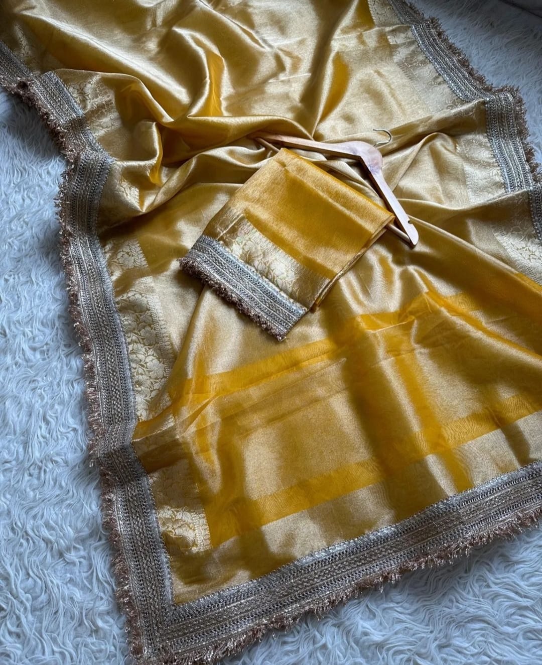 YELLOW TISSUE KATHBAN SAREE WITH LACE BORDER