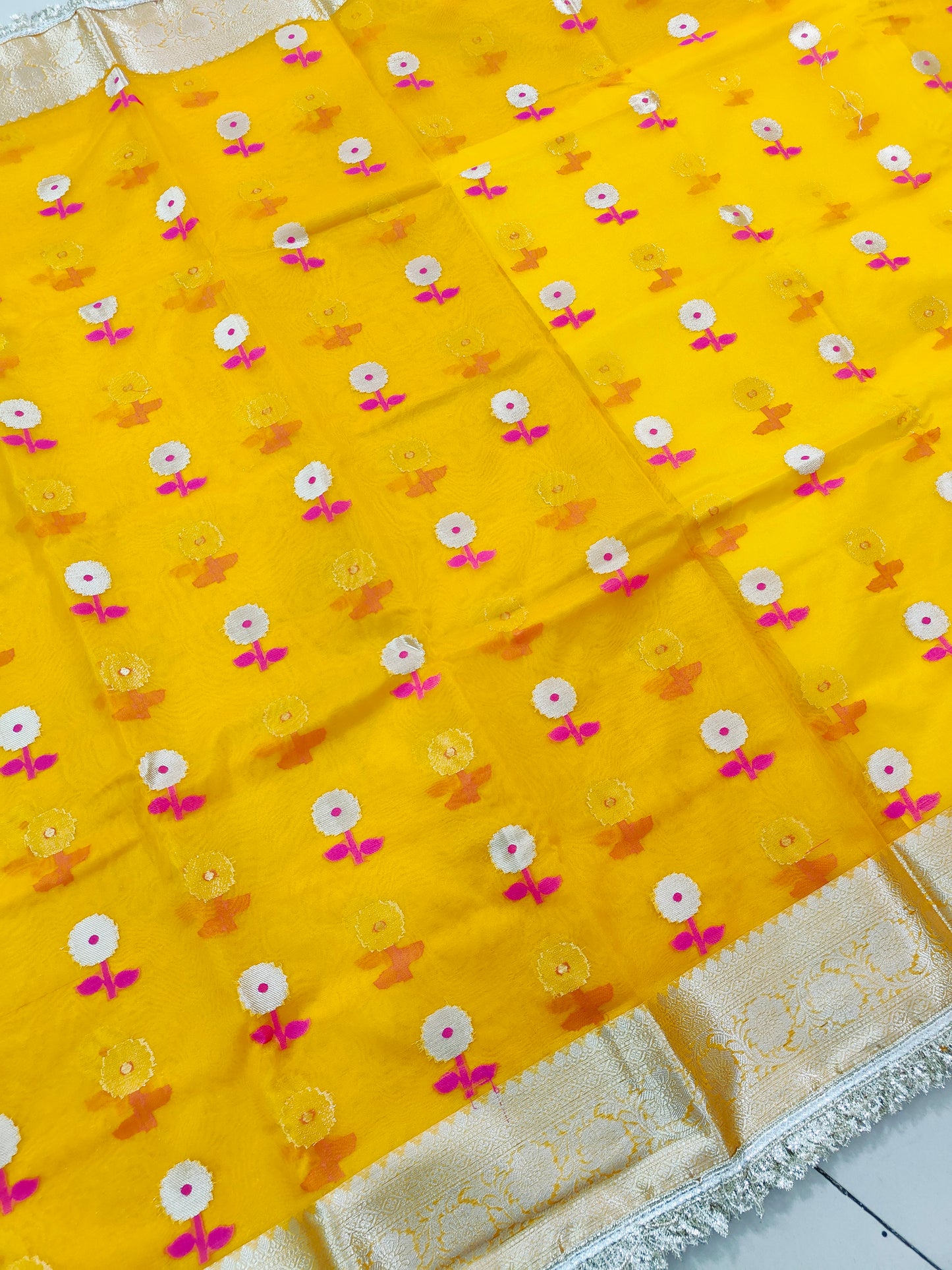 YELLOW KORA ORGANZA MAHARANI SAREE