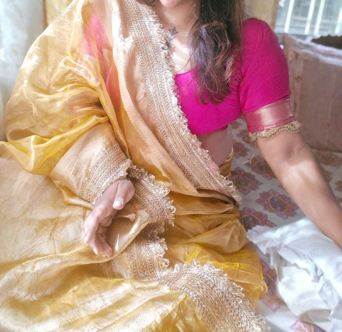 CELEBRITY INSPIRED MUSTARD YELLOW TISSUE KATHBAN SAREE