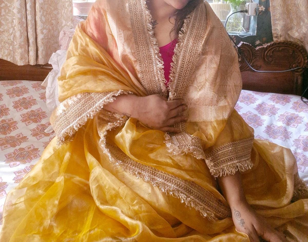 CELEBRITY INSPIRED MUSTARD YELLOW TISSUE KATHBAN SAREE