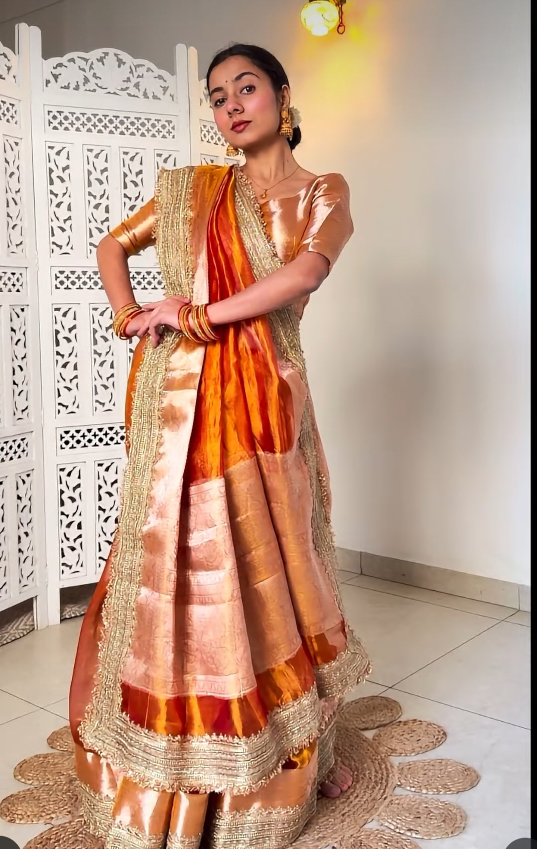 CELEBRITY INSPIRED RUST ORANGE PURE TISSUE KATHBAN SAREE