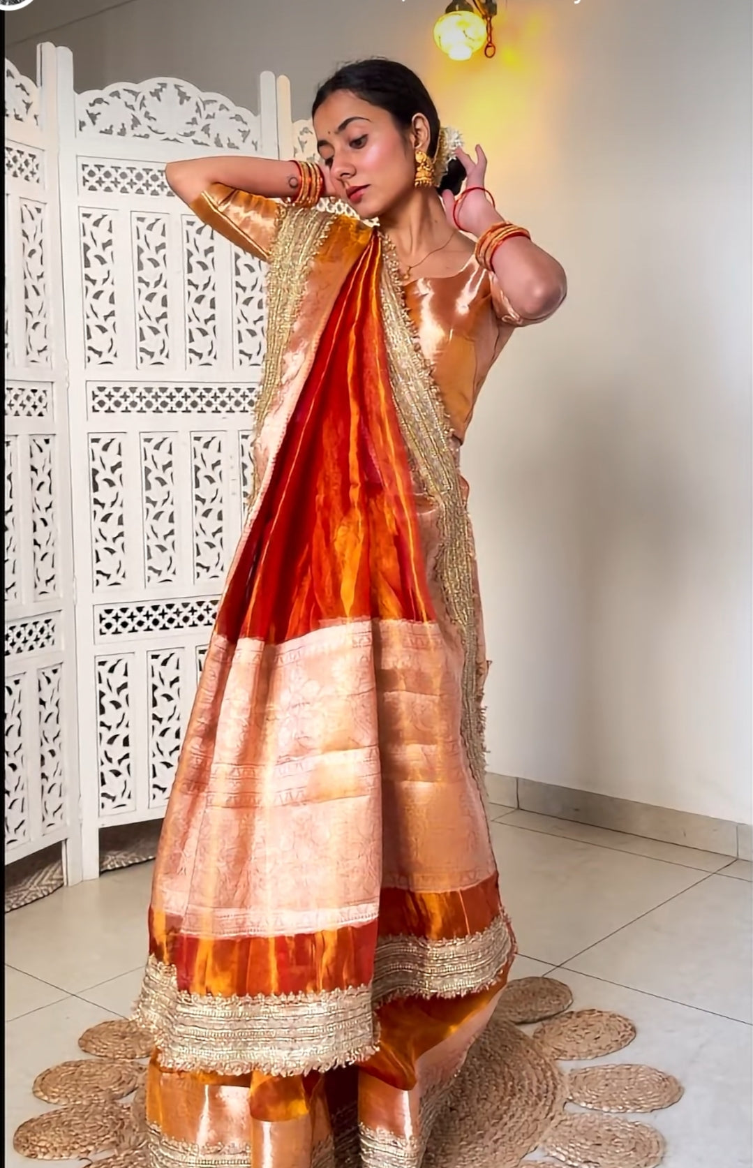 CELEBRITY INSPIRED RUST ORANGE PURE TISSUE KATHBAN SAREE