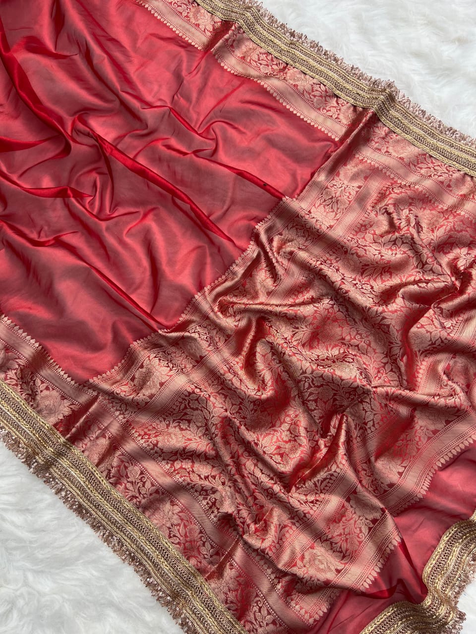 RED TISSUE KATHBAN SAREE WITH LACE BORDER